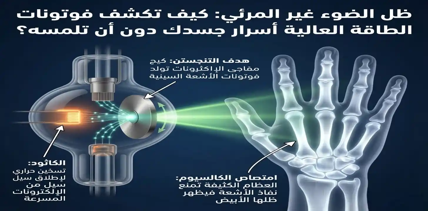 صورة توضيحية لأشعة سينية تظهر عظام اليد باللون الأبيض المتباين